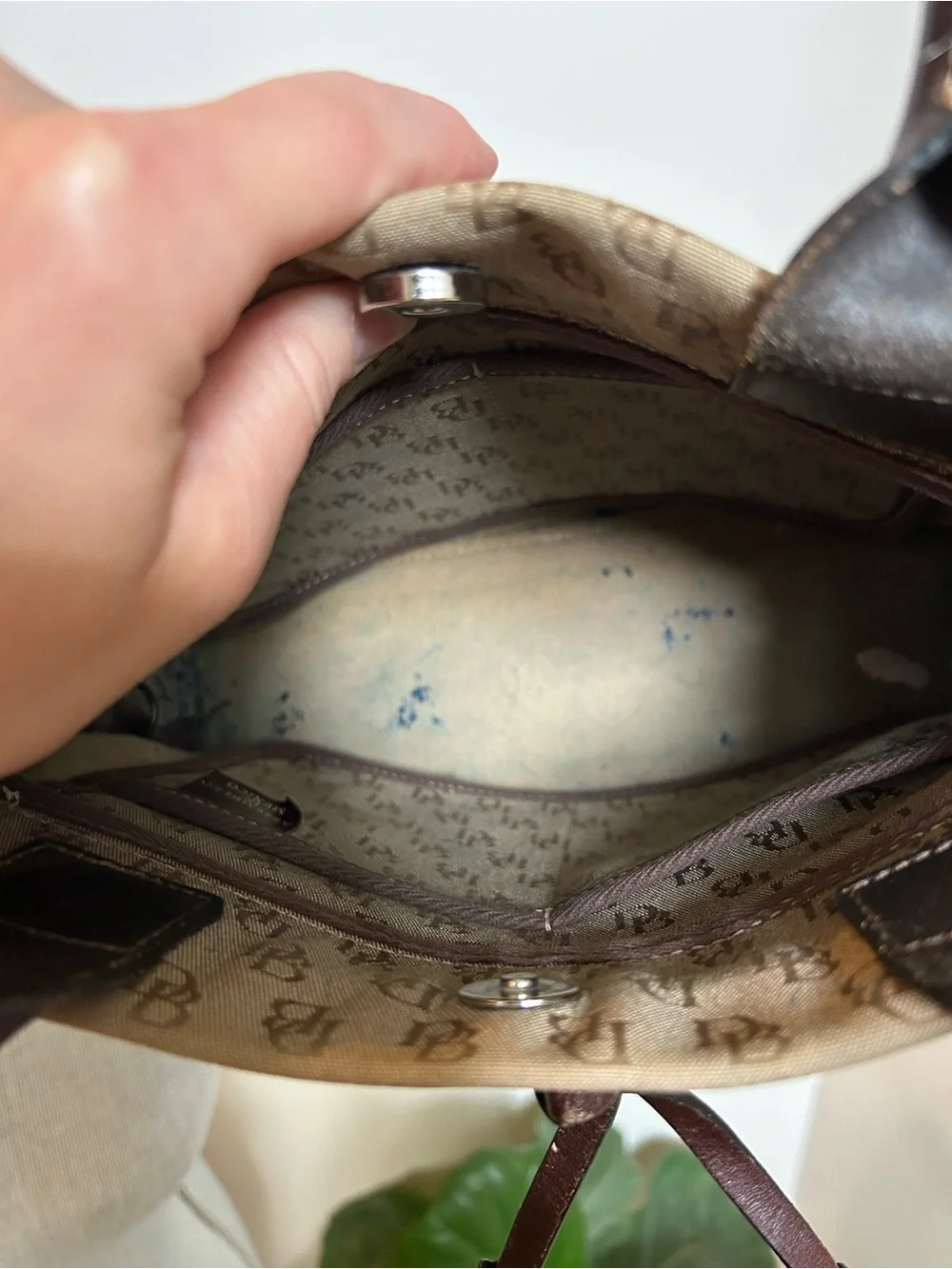 Dooney & Bourke Beige Monogram Drawstring Shoulder Bag with Dark Brown Trim